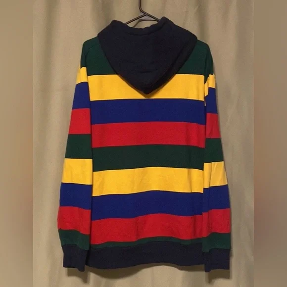 Polo Ralph Lauren Mens Navy Muti Stripe Fleece Lined Logo Pullover Hoodie XL